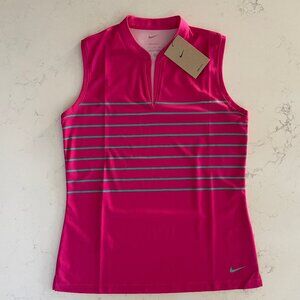 Nike Dri-Fit Athletic Slvless Mandarin Collar V NecK Poly Top Pink Grn Sz S NWT